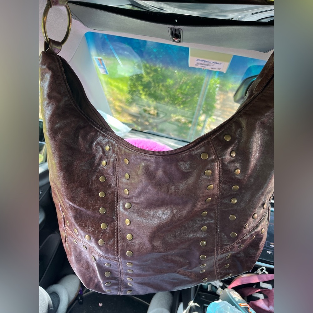 HOBO Studded Leather Hobo Bag - Rich Brown. full-zip opening is 15” strap 15”